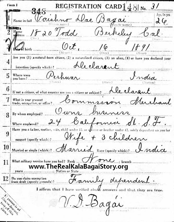 Bagai WWI Registration Card 1917