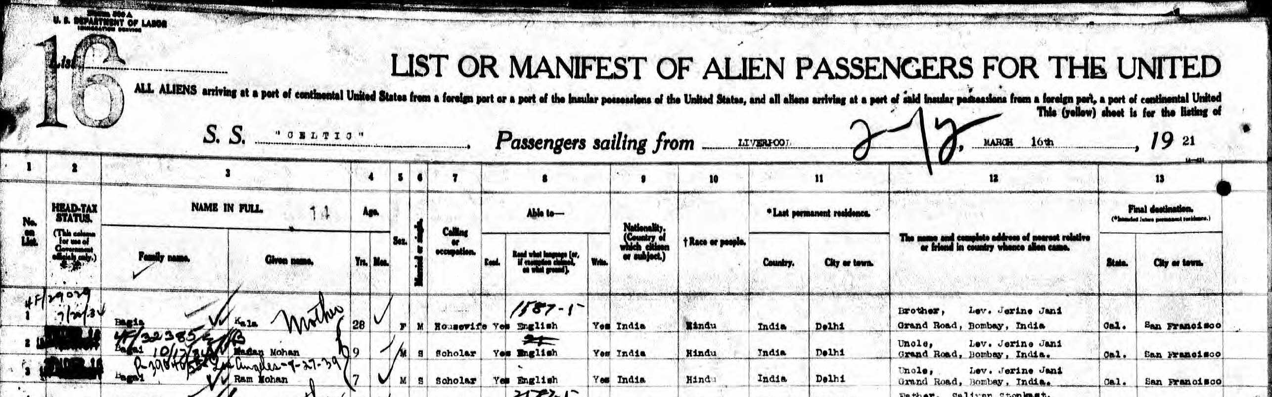 S.S. Celtic manifest listing Kala Bagai, Madan Mohan, and Ram Mohan